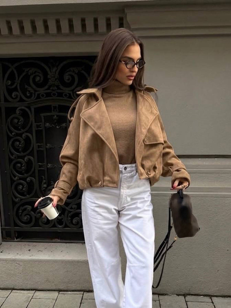 Women's Short Suede Leather Bomber Jacket with Voluminous Lapels, Epaulettes, and Fitted Elastic Hem Mune Fashion