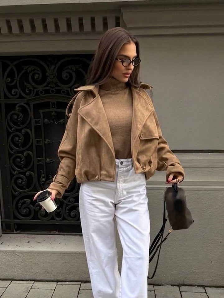 Women's Short Suede Leather Bomber Jacket with Voluminous Lapels, Epaulettes, and Fitted Elastic Hem Mune Fashion