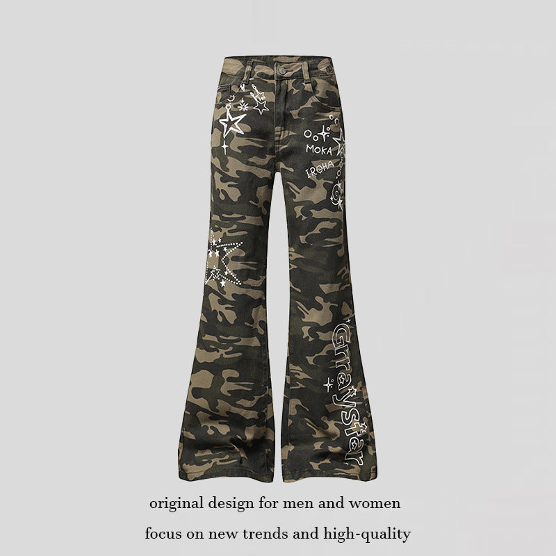 Women's Wide High-Waist Palazzo Jeans in Camouflage Print with Star and Text Applications, Flared Pants Mune Fashion