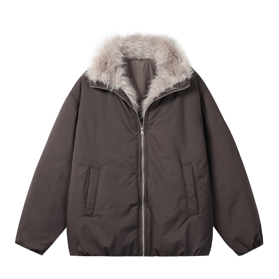 Women's short jacket in boxy cut with voluminous faux fur collar and two-way zipper Mune Fashion