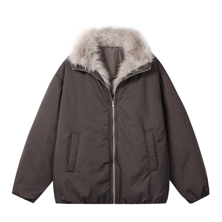 Women's short jacket in boxy cut with voluminous faux fur collar and two-way zipper Mune Fashion