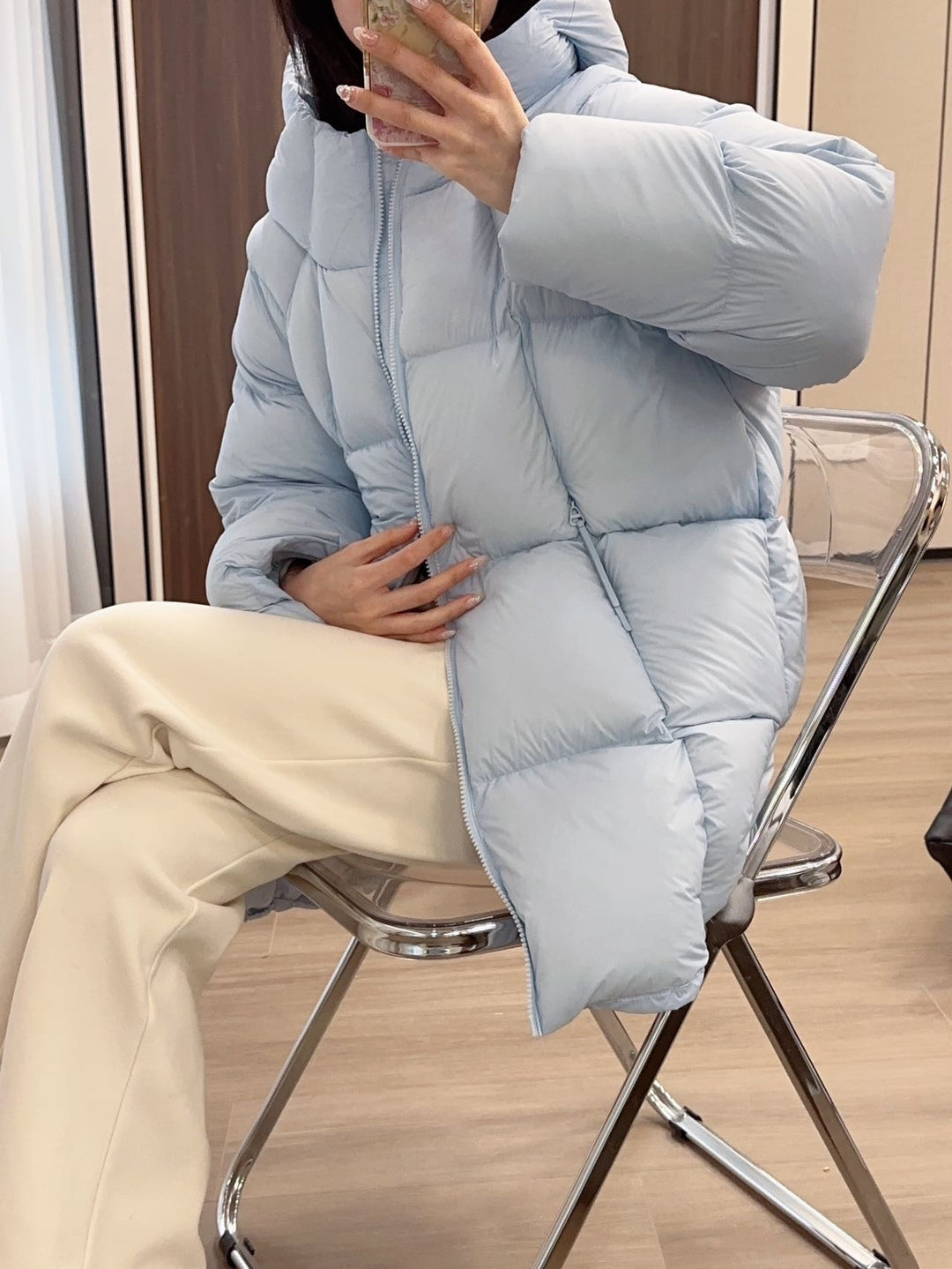 Women Long Padded Quilted Down Jacket with Hood and Oversized Cut Mune Fashion