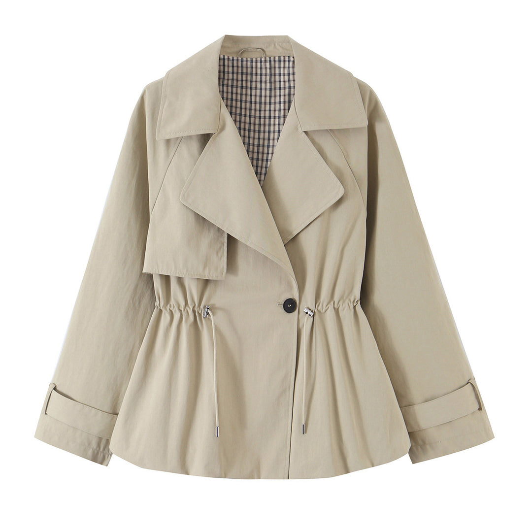 Women Short Fitted Trench Coat with Drawstring and Wide Lapels Mune Fashion