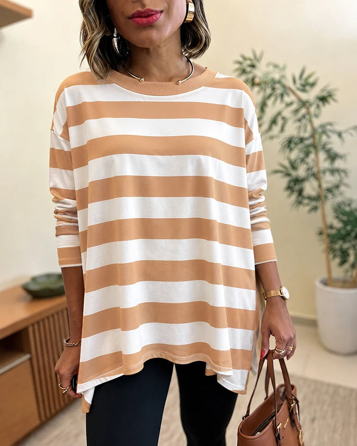Women Oversized Striped Long Sleeve with Round Neckline and Rounded Hem Drune