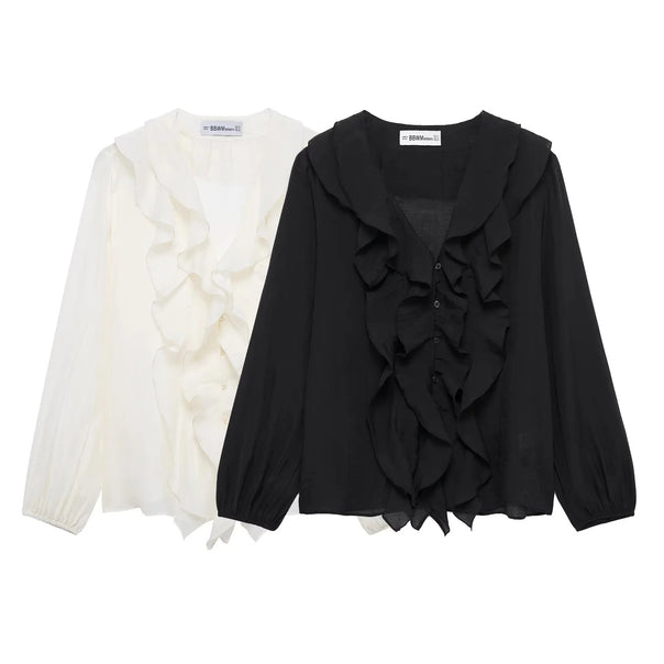 Women ruffled chiffon blouse with V-neck, continuous button placket and ruffle details Mune Fashion