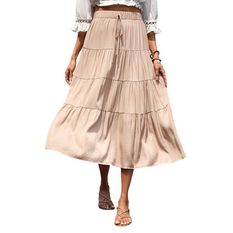 Women's Casual Tiered Skirt with Elastic Waistband, Drawstring and Flowing Midi Length Mune Fashion
