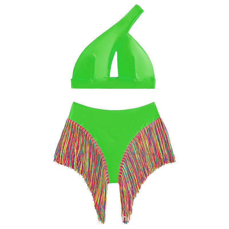 Women's Trendy One-Piece Swimsuit with Asymmetrical Cut and Colorful Fringes Mune Fashion