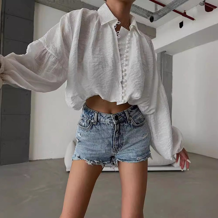 Women's Short Blouse with Balloon Sleeves, Decorative Button Placket and Light Texture Mune Fashion