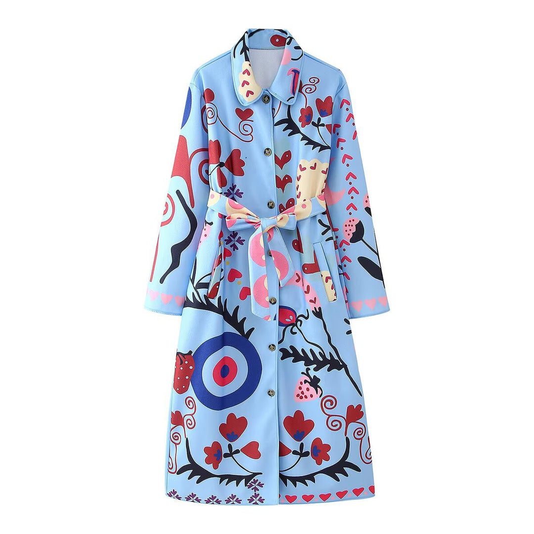 Women's Printed Maxi Shirt Coat with Waist Belt Mune Fashion