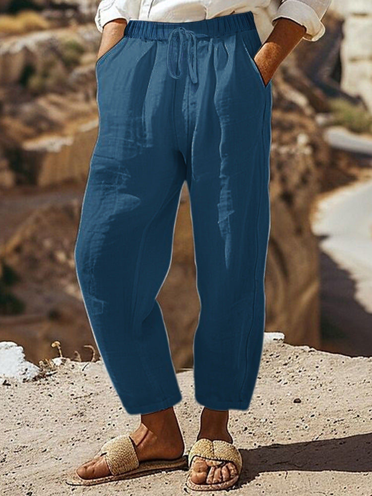 Women's Casual Chino Linen Look Culotte with Elastic Drawstring Waist and Side Pockets Mune Fashion