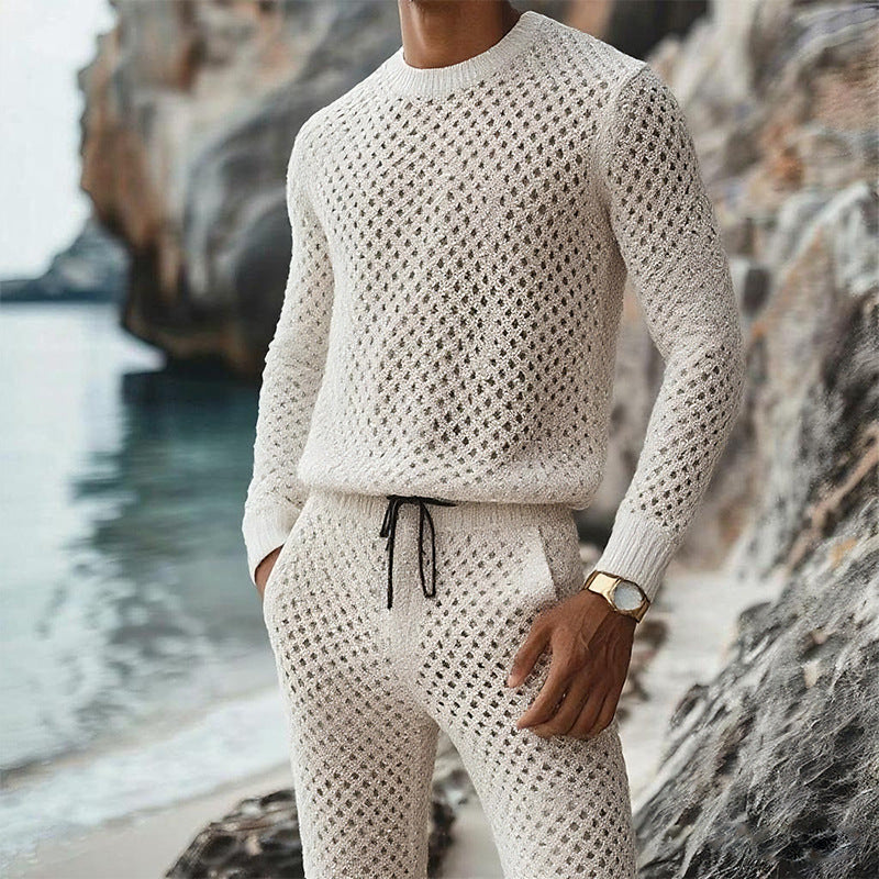 Men's textured knit sweater with finely knitted openwork pattern and round neck Mune Fashion
