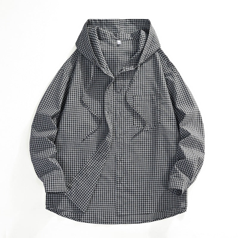 Men's Oversized Checkered Shirt with Hood, Drawstring & Concealed Button Placket Mune Fashion
