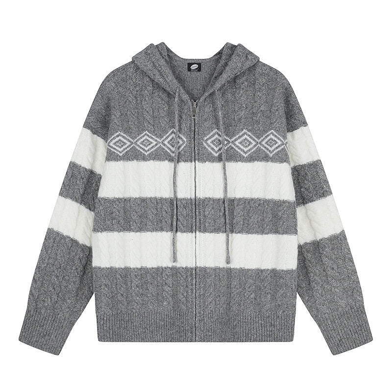 Women's chunky knit hooded cardigan with cable knit, block stripes, and full-length zipper Mune Fashion