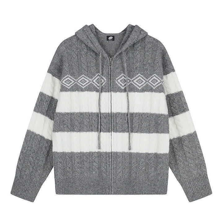 Women's chunky knit hooded cardigan with cable knit, block stripes, and full-length zipper Mune Fashion