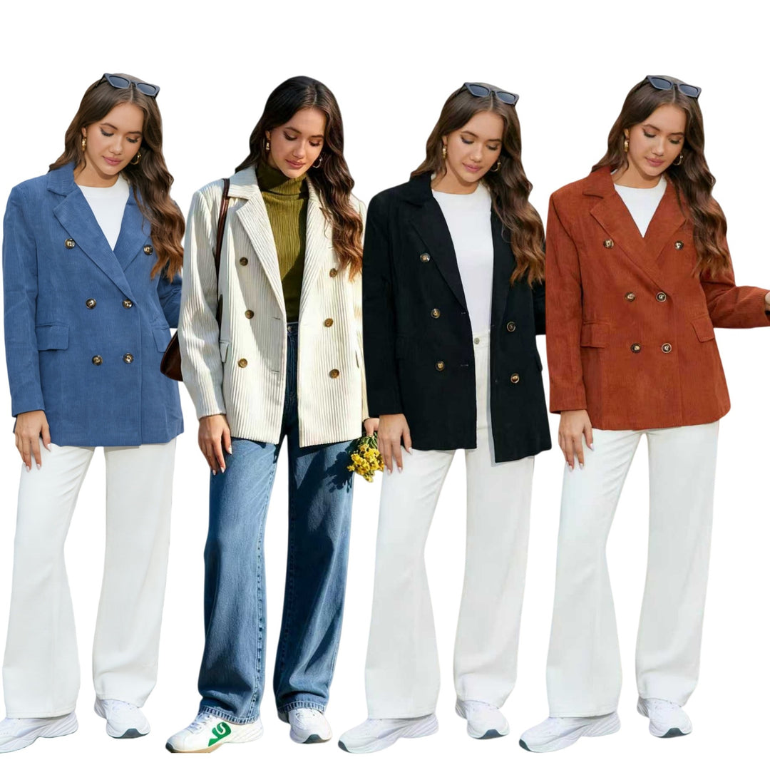 Women's Long Cord Blazer in Double Breasted with Notched Lapel and Flap Pockets Mune Fashion