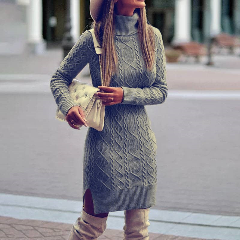 Women's figure-hugging knitted dress with roll neck, cable pattern, side slit and ribbed hem Mune Fashion