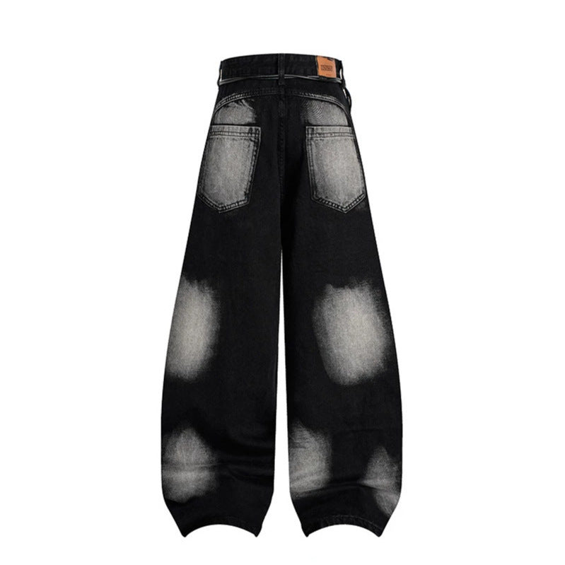 Women's extra wide distressed jeans in baggy cut with tie-dye wash and scarf belt Mune Fashion