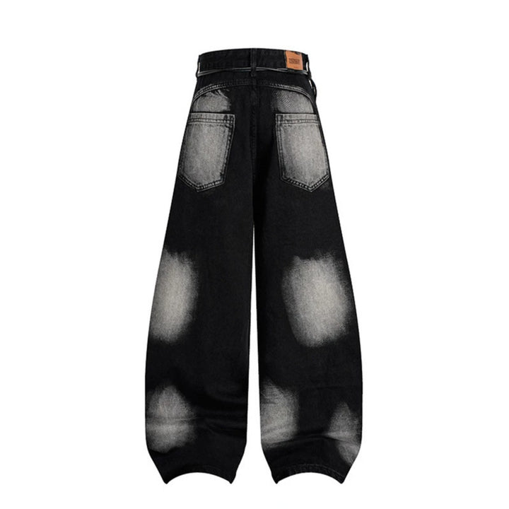 Women's extra wide distressed jeans in baggy cut with tie-dye wash and scarf belt Mune Fashion
