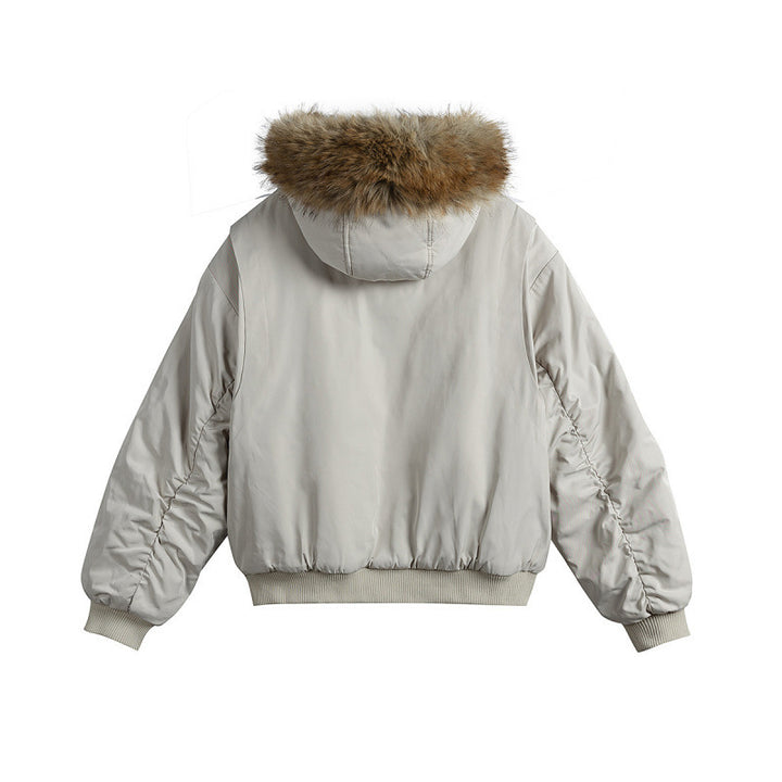 Women's short insulated field bomber jacket with hood and removable faux fur trim Mune Fashion