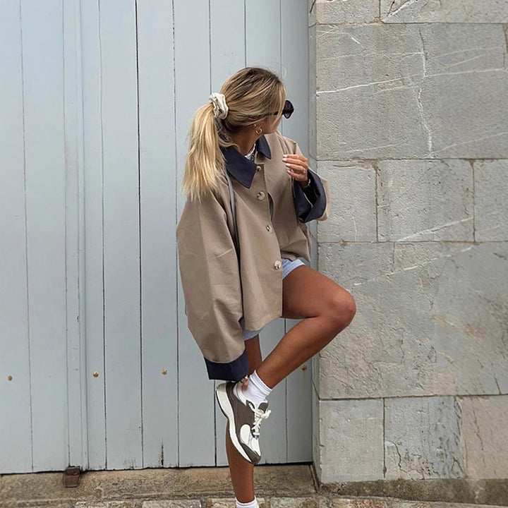 Women's Boxy Transitional Jacket with Contrast Collar, Concealed Button Placket, and Extended Sleeves Mune Fashion