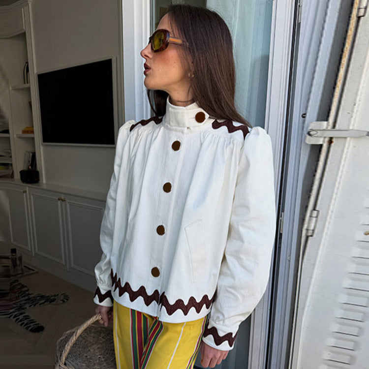 Ladies short jacket with stand-up collar, decorative wave edge and decorative button placket Mune Fashion
