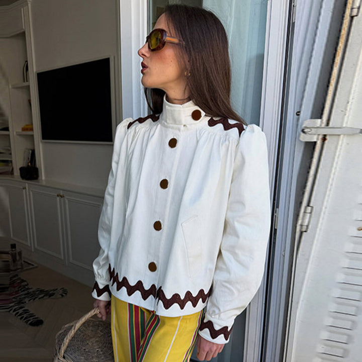 Ladies short jacket with stand-up collar, decorative wave edge and decorative button placket Mune Fashion