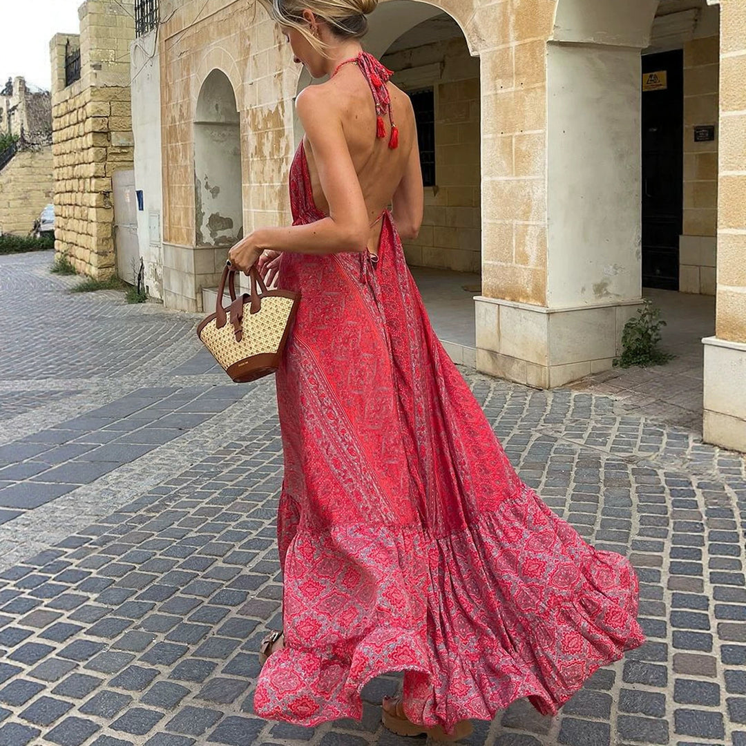 Women’s Boho Maxi Dress with Neck Band, Backless Cut and Ruffle Trim