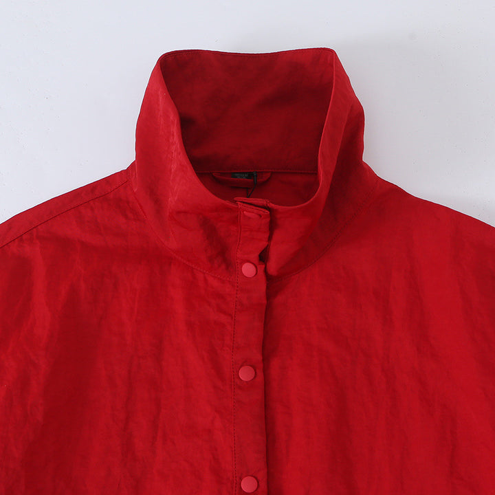 Women's Boxy Transitional Jacket with Stand Collar and Snap Placket Mune Fashion