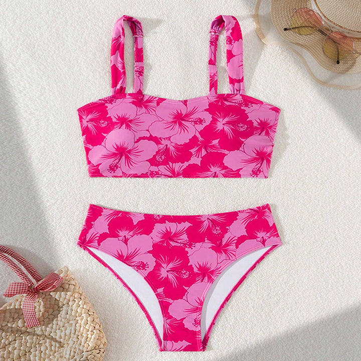Women's Two-Piece Bikini Set with Floral Crop Top and High-Cut Slip Mune Fashion