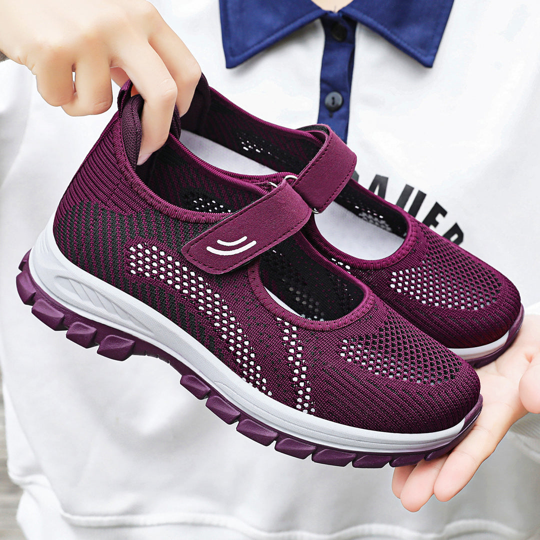 Women's breathable knitted Mary Jane walking sneakers with Velcro and cushioning lightweight sole Mune Fashion