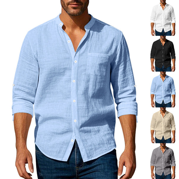Men's linen shirt with stand-up collar and roll-up sleeves Mune Fashion
