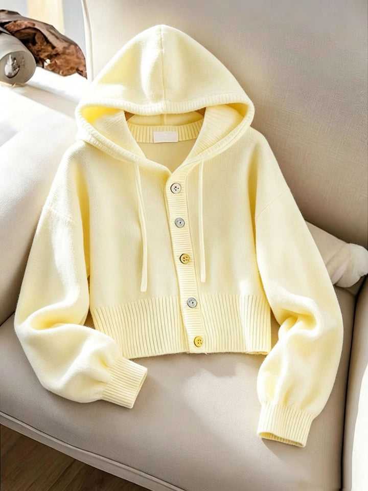 Women's Hooded Knitted Cardigan with Button Placket, Ribbed Cuff, and Oversized Sleeves Mune Fashion