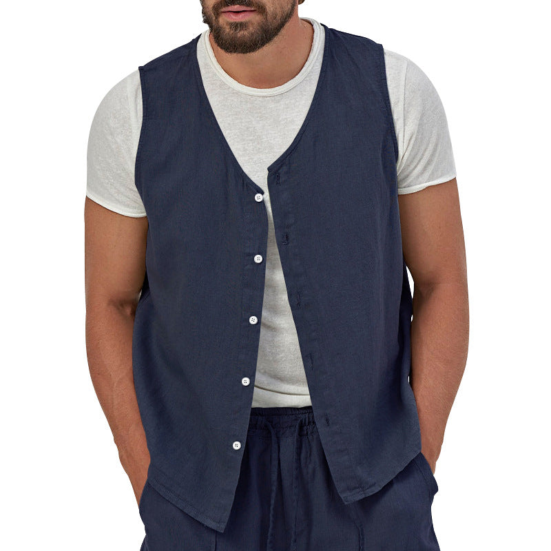 Men's casual sleeveless shirt waistcoat made of linen-cotton blend with V-neck and full button placket Mune Fashion