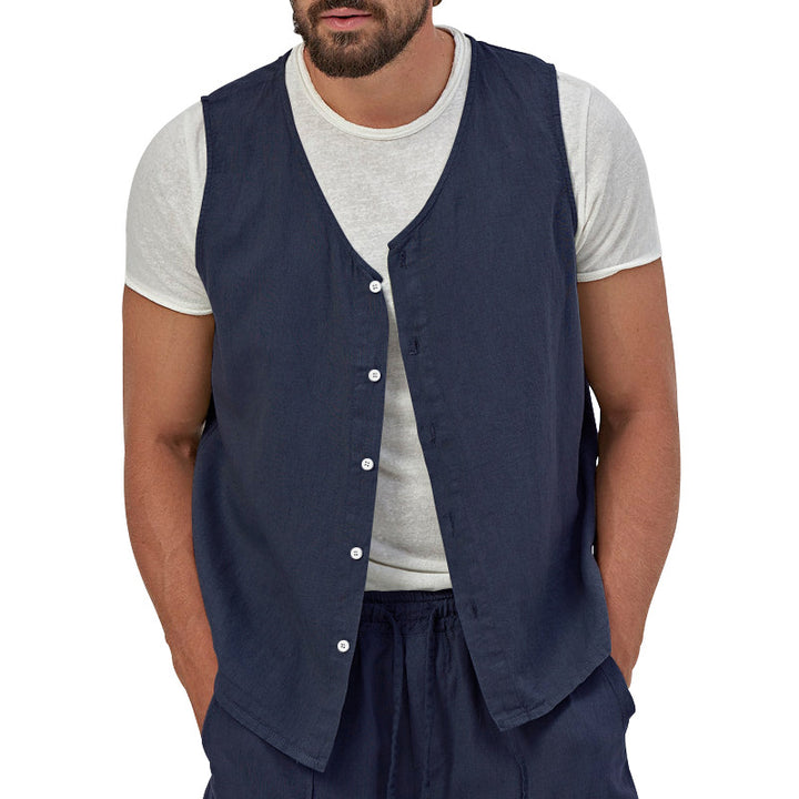 Men's casual sleeveless shirt waistcoat made of linen-cotton blend with V-neck and full button placket Mune Fashion