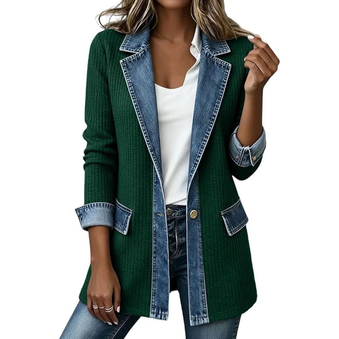 Ladies' knit blazer with denim trim and lapel collar Mune Fashion