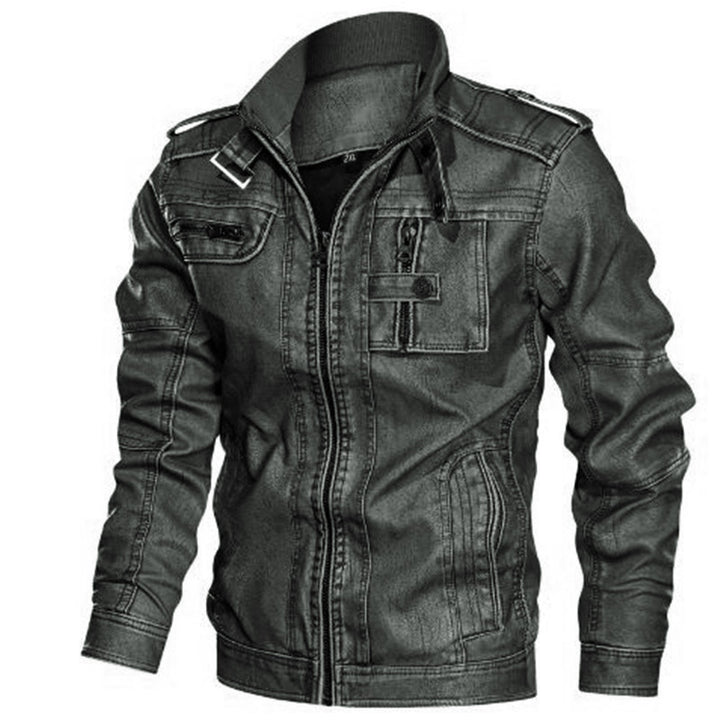 Men's biker jacket made of synthetic leather with stand-up collar, striking decorative seams, and multiple pocket details Mune Fashion