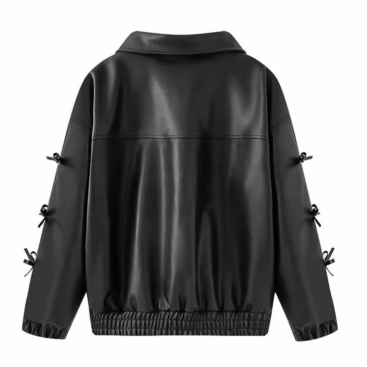 Women's tailored faux leather bomber jacket with zipper, bow sleeve details, and elastic hem Mune Fashion