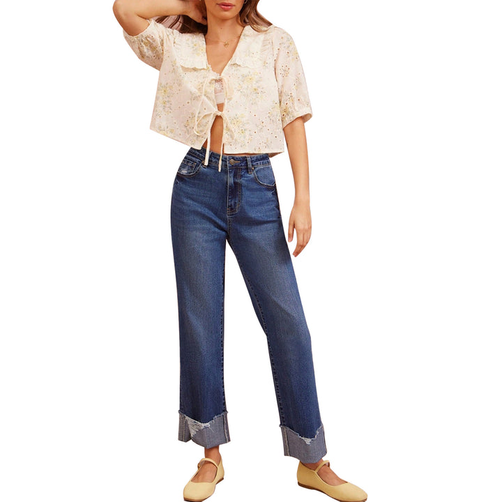 Women's High-Waisted Cropped Jeans with Wide Leg and Frayed Cuff Mune Fashion