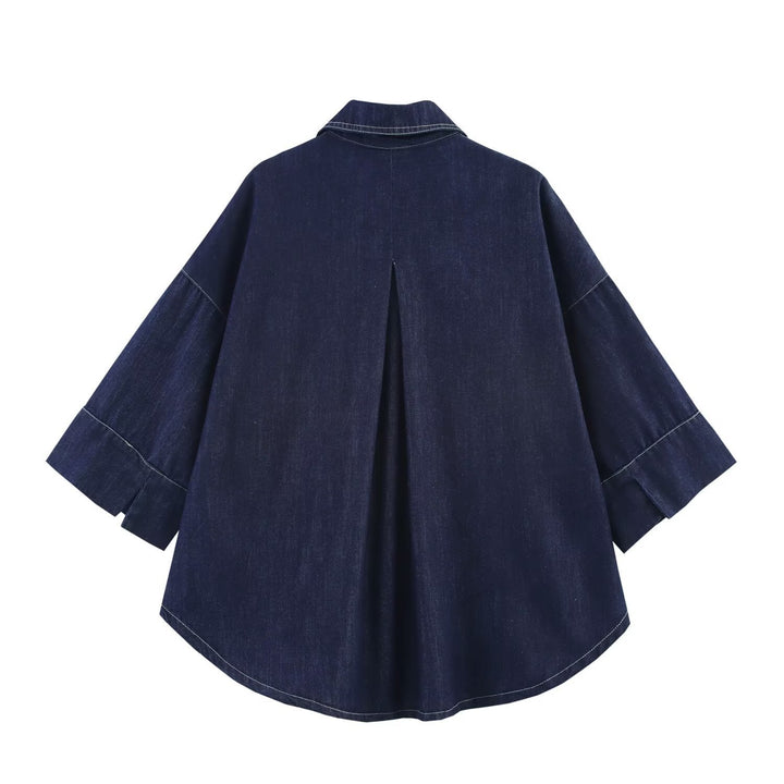 Women's Oversized Denim Shirt Jacket with Three-Quarter Sleeves and High-Low Hem Mune Fashion
