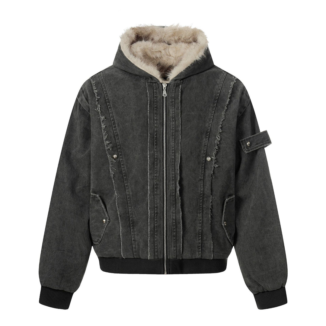 Men's Vintage-Inspired Denim Bomber Jacket with Teddy Fur Hood Mune Fashion