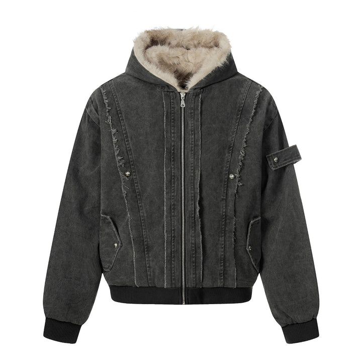 Men's Vintage-Inspired Denim Bomber Jacket with Teddy Fur Hood Mune Fashion
