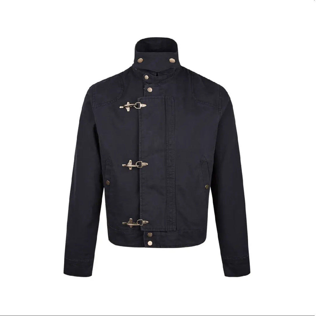 Men's Fashionable Short Jacket with Innovative Buckles and Practical High-Collar Mune
