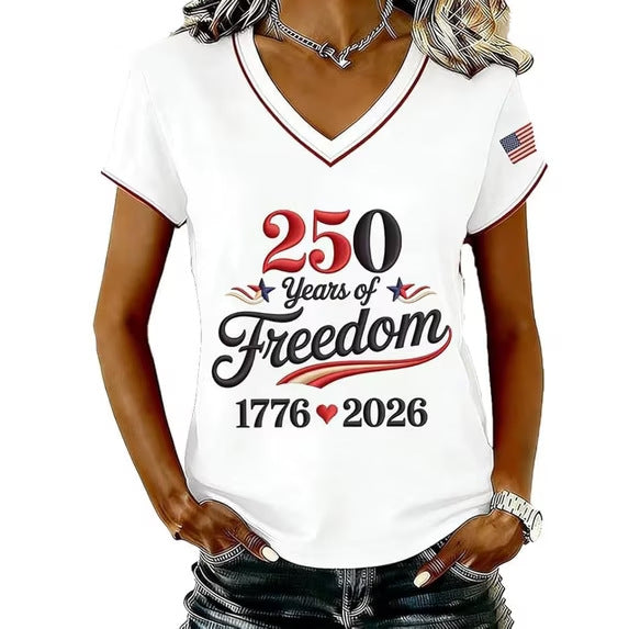 Women’s V-neck Retro Print T-shirt with Eagle Emblem and vintage-inspired Graphic Mune Fashion