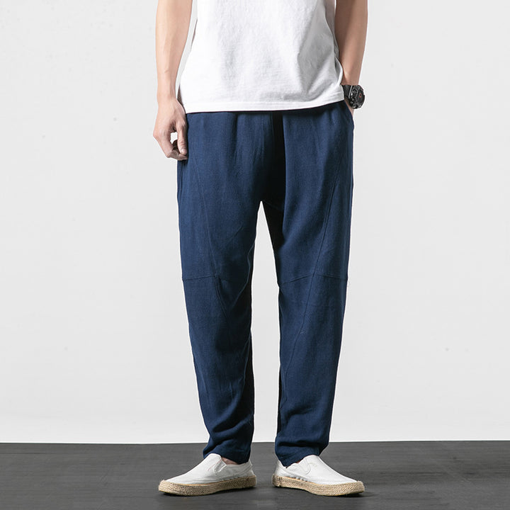 Men's Soft Linen Blend Lounge Pants with Dropped Crotch, Elastic Waistband, and Tapered Leg Mune Fashion