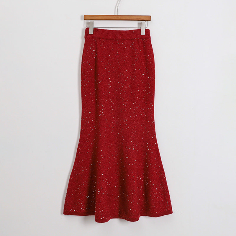 Women's figure-hugging knitted midi skirt with glitter fiber and trumpet hem, Mune Fashion