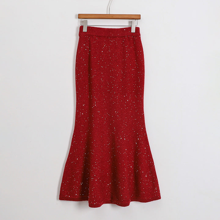 Women's figure-hugging knitted midi skirt with glitter fiber and trumpet hem, Mune Fashion