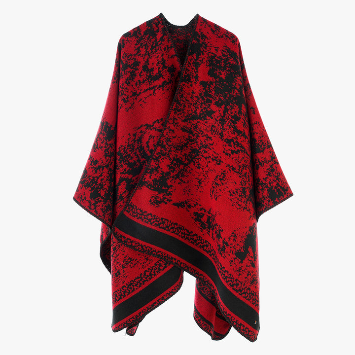 Women's jacquard wrap poncho with open front, boxy silhouette, and finely hemmed edge Mune Fashion