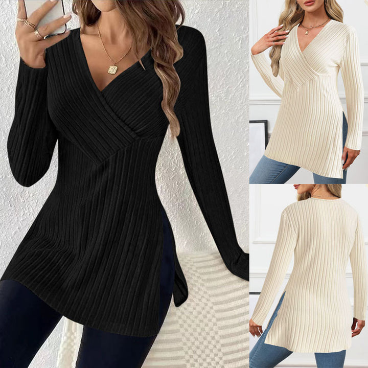 Women Ribbed Wrap V-Neck Long Sweater with Waist Emphasis and Side Slits Mune Fashion