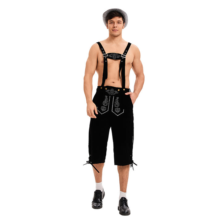 Men's knee-length traditional leather shorts with embroidered bib and adjustable straps Mune Fashion