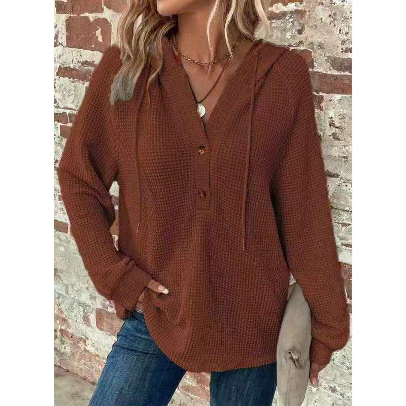 Women Waffle Knit Hoodie with Henley Button Placket and Oversized Cut Mune Fashion